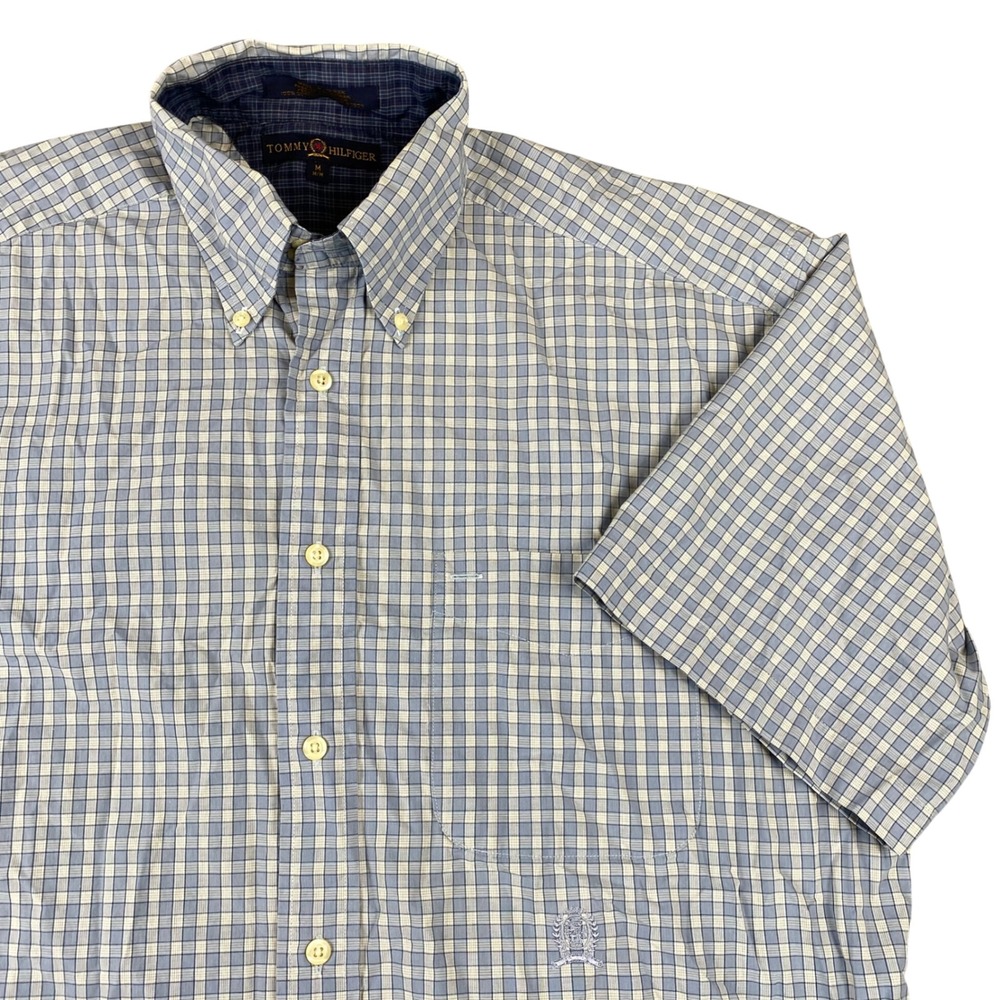 Vintage 90s Tommy Hilfiger Mens M Blue Plaid Crest Button Down Shirt Taiwan